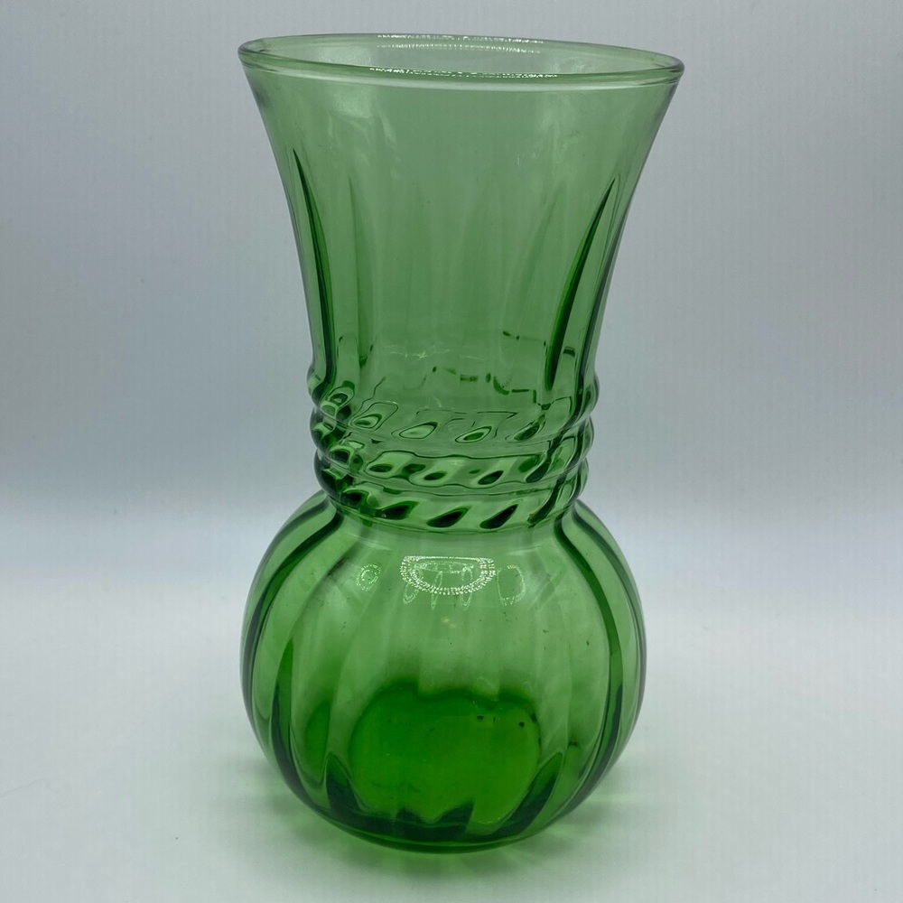Vintage Green Glass Vase Swirl Ribbed Pattern Small 7.5 inches